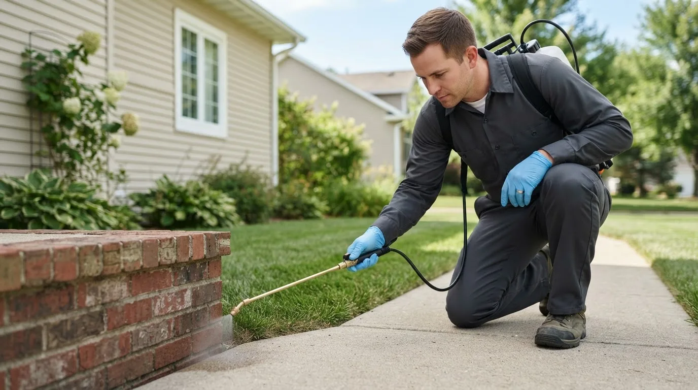 Pest control technician treating a home near Lyons, OR